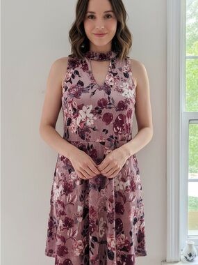 miami Mauve and Berry Floral Choker V-Neck Dress